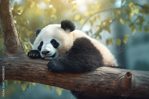 Giant panda is resting in the forest on a tree branch. Panda hangs lazily on a tree branch. Generative AI © artsterdam