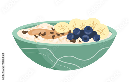 Oatmeal milk porridge concept. Delicious and healthy breakfast with berries and fruits. Vegetarian diet and proper nutrition. Cartoon flat vector illustration isolated on white background