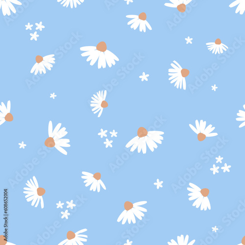 Seamless pattern with daisies and small flower on blue background vector.