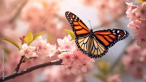 Monarch Butterfly  Sakura Tree  Generative AI  Illustration