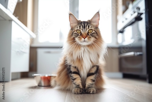 Maine Coon cat in front of a bowl full of granules on the floor of the perfect bright modern kitchen.