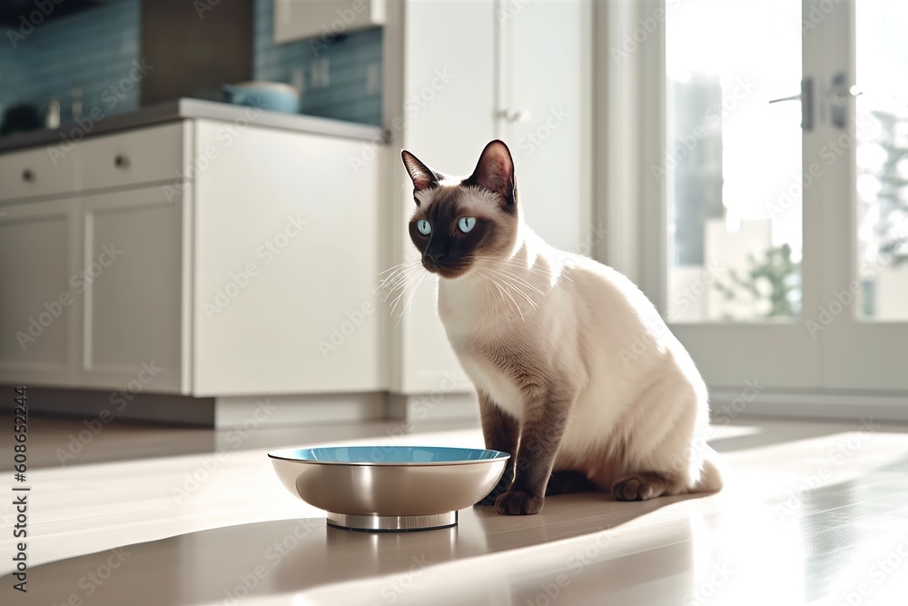 Siamese cat in front of bowl full of granules on floor of the perfect bright modern kitchen.