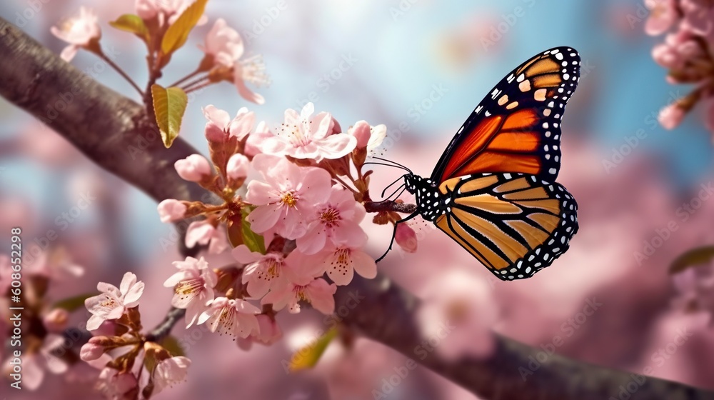Monarch Butterfly, Sakura Tree, Generative AI, Illustration