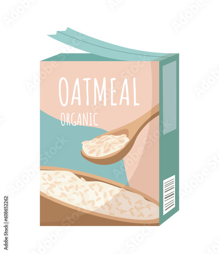 Oatmeal milk porridge in package concept. Marketing and advertising. Merchandise from grocery stores. Traditional healthy breakfast. Cartoon flat vector illustration isolated on white background