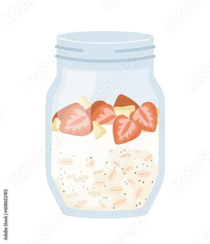 Oatmeal milk porridge in glass concept. Traditional morning breakfast with strawberry. Healthy vegetarian eating with vitamins. Cartoon flat vector illustration isolated on white background