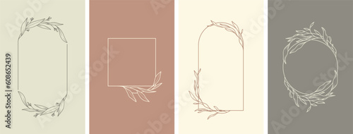 Elegant frames with hand drawn flowers and leaves, design templates in line style. Vector backgrounds for wedding invitations, greeting cards, social media stories, label, corporate identity