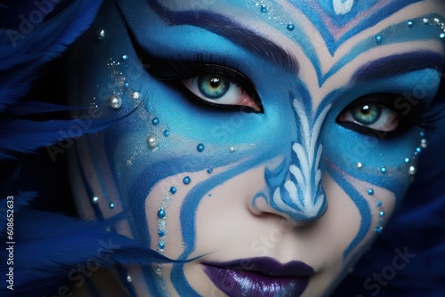 Beautiful woman with blue creative make up with pearls and feathers. Generative AI