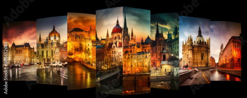 Enchanting blend of Hungary's architecture, landscapes and culture in a colorful mosaic with striking lights, capturing the essence of its beauty. Generative AI