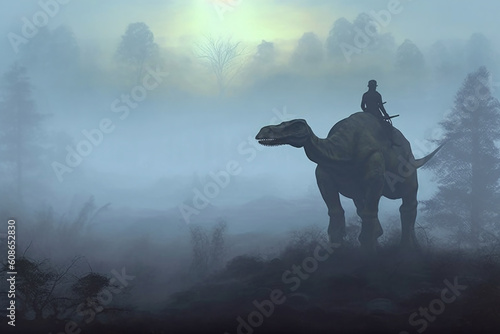 Soldier on a dinosaur  foggy area  silhouette. AI generative