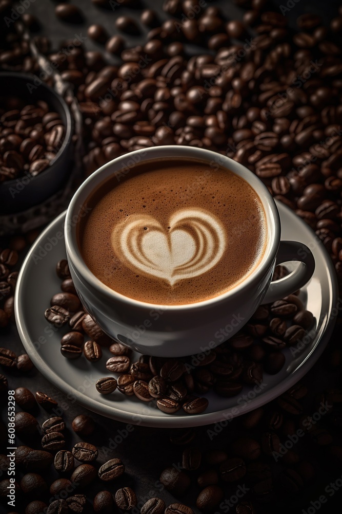 A cup of Cappuccino, close of view, seamless coffee beans background, overhead angle A cup of Cappuccino, close of view, seamless coffee beans background, overhead angle