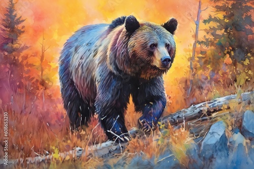 watercolor featuring a powerful and majestic bear against a backdrop of nature. bold and vibrant colors to bring out the strength and beauty of the bear 