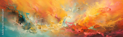 Abstract background design of fractal paint and rich texture on the subject of imagination, creativity and art. Color Splash series with abstract aquarelle sky, waves or clouds. Generative AI