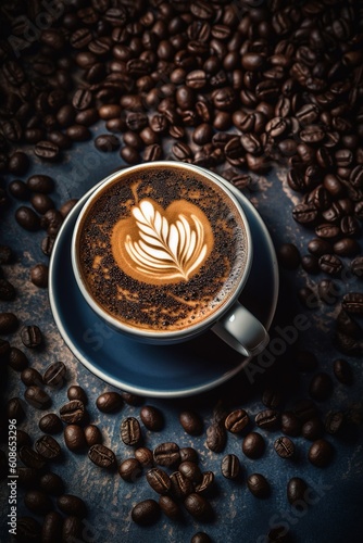 A cup of Cappuccino  close of view  seamless coffee beans background  overhead angle