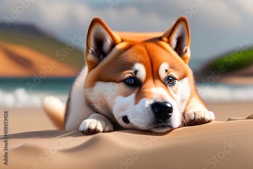 Beach Adventure with an Adorable Shiba Puppy, Capturing Playful Moments in the Sun © Yassine