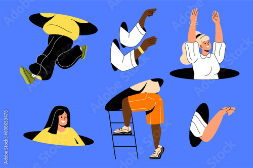 People enter and exit portals concept. Cyberspace and metaverse. Fantasy and imagination. Teleport hatch or loop. Abstract creativty and art. Cartoon flat vector collection isolated on blue background