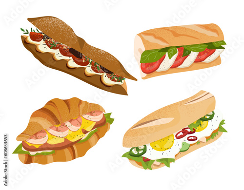 Set of tasty sandwiches concept. Loaves with vegetables and meat. Fast food, cafe menu and catering. Traditional american street food. Cartoon flat vector collection isolated on white background