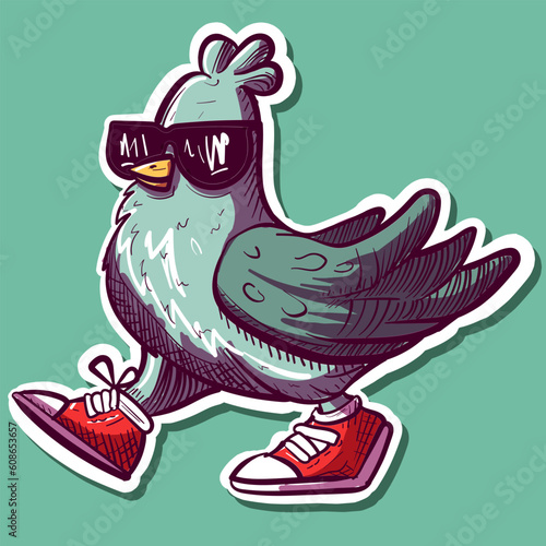 Digital art of a cool pigeon wearing sunglasses and sneakers. Hiphop graffiti bird with glasses and shoes.