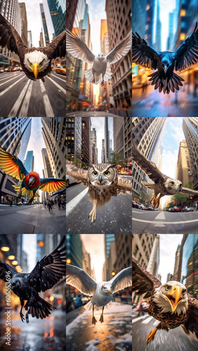 Set of beautiful closeup portraits with birds fly straight towards the camera on city streets AI generated