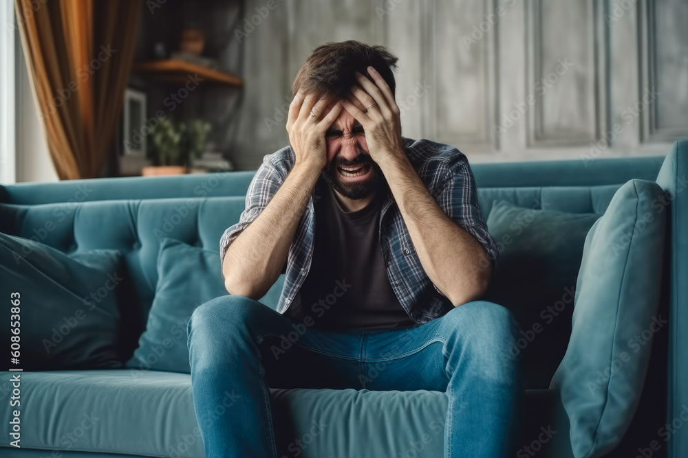 Upset news and sorrowful situation. Crying man. Sad despair man bursting tears covering face hand sitting sofa in light room interior. Generative AI Upset news and sorrowful situation. Crying man. Sad despair man bursting tears covering face hand sitting sofa in light room interior. Generative AI