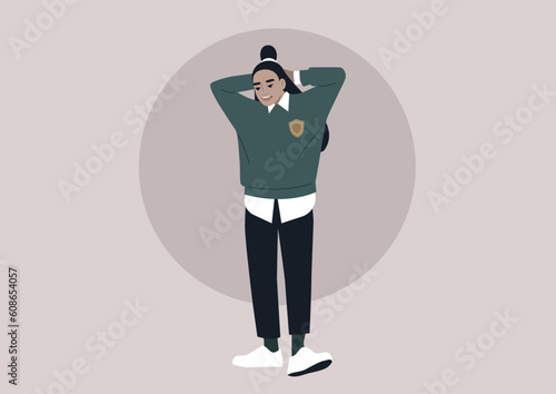 A young carefree student wearing a college uniform with a golden shield emblem