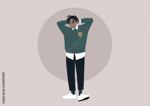 A young carefree student wearing a college uniform with a golden shield emblem