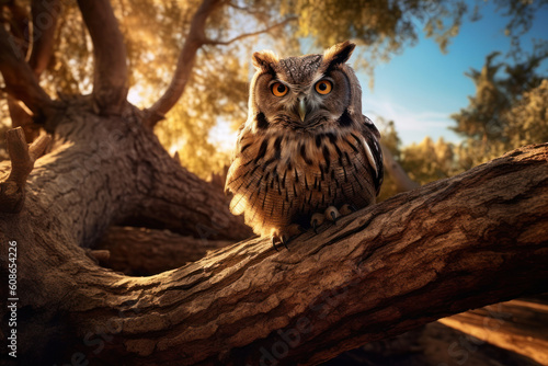 eine Eule sitzt stolz auf einem Ast an einem sonnigen Tag, an owl sits proudly on a tree branch on a sunny day