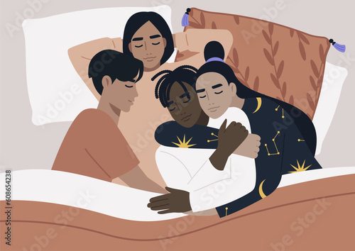 A diverse polyamorous family cuddling in bed, genders and relationships, pansexual lifestyle