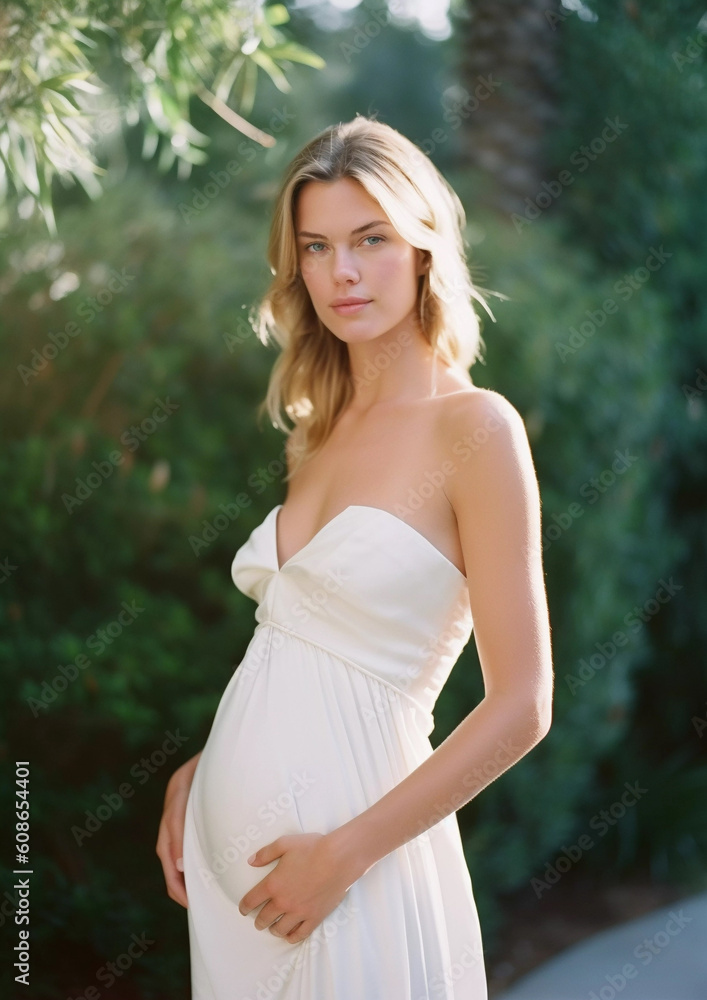 Lifestyle portrait of pregnant bride in strapless wedding dress outside, Generative AI Lifestyle portrait of pregnant bride in strapless wedding dress outside, Generative AI