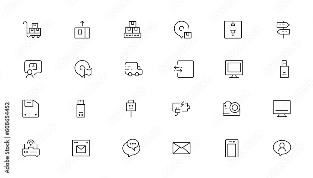Set of line icons related to office and data exchange. Outline icon collection. Editable stroke. Vector illustration