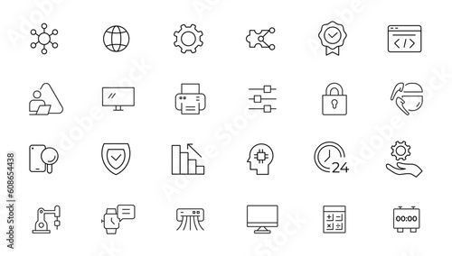 Office and Business line icons set. Business people outline icons collection. Teamwork, human resources, meeting, partnership, work group, success, workspace, computer, desk- stock vector