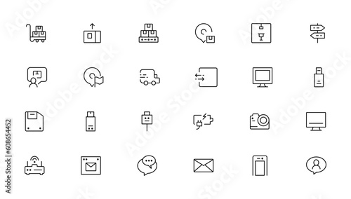 Set of line icons related to office and data exchange. Outline icon collection. Editable stroke. Vector illustration
