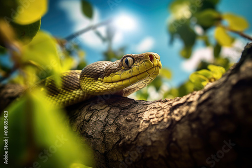 Schlange auf einem Baumast an einem sonnigen Tag, Snake on a tree branch on a sunny day