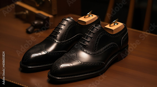 Stylish Black Leather Shoes Gracefully Resting on a Polished Wooden Table Generative AI Photo