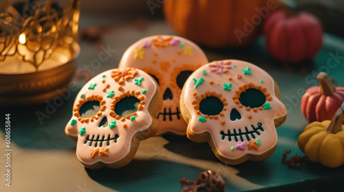 Deliciously Spooky and Colorful Halloween Skull Cookies, a Scrumptious Treat for the Season Generative AI Photo