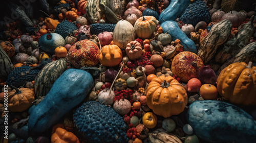 Bountiful Harvest of Assorted Pumpkins in a Kaleidoscope of Autumn Colors Generative AI Photo