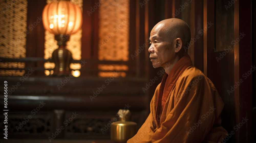 Meditating Buddhist Monk Finding Peace in a Beautiful Temple Generative AI Photo Meditating Buddhist Monk Finding Peace in a Beautiful Temple Generative AI Photo