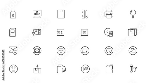 Set of line icons related to office and data exchange. Outline icon collection. Editable stroke. Vector illustration