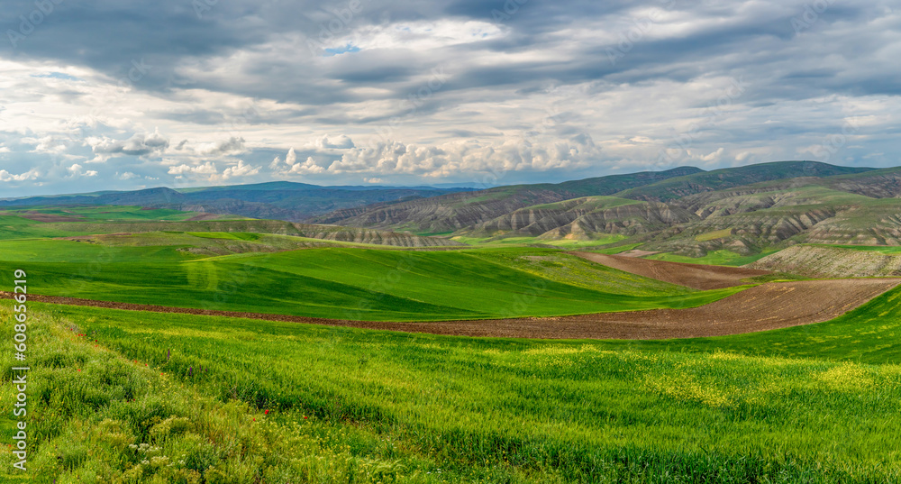 Farming on eroded soils and green crops and fallow lands in central Turkey.
