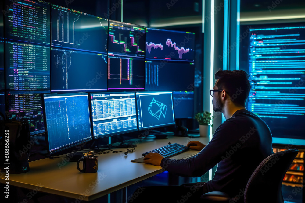 Programmer sitting in front of two large computer monitors with lines of code in a dimly lit office background at evening. Generative AI Programmer sitting in front of two large computer monitors with lines of code in a dimly lit office background at evening. Generative AI