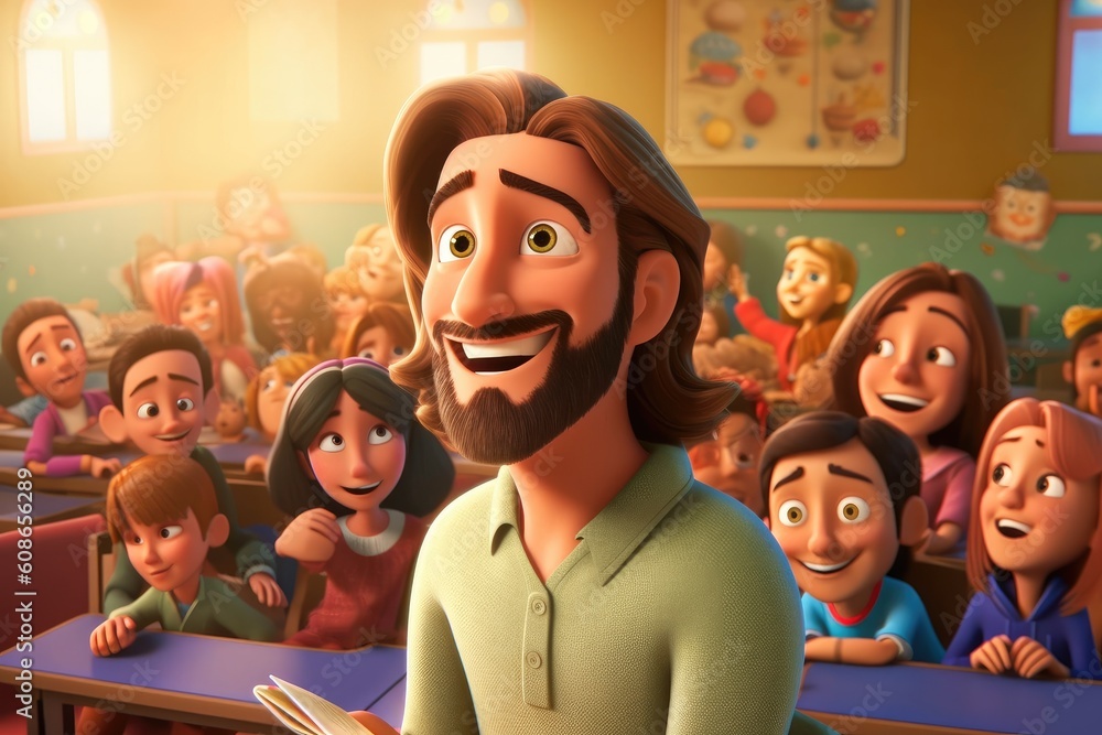 3D illustration of a happy teacher in a classroom with his students ...