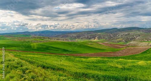 Farming on eroded soils and green crops and fallow lands in central Turkey.