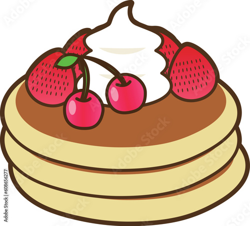 いちごとさくらんぼが乗ったパンケーキ