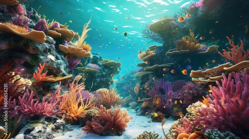 Coral reefs  Images portray vibrant and colorful coral reefs  home to a variety of marine life  showcasing the beauty and fragility of underwater ecosystems. Generative AI