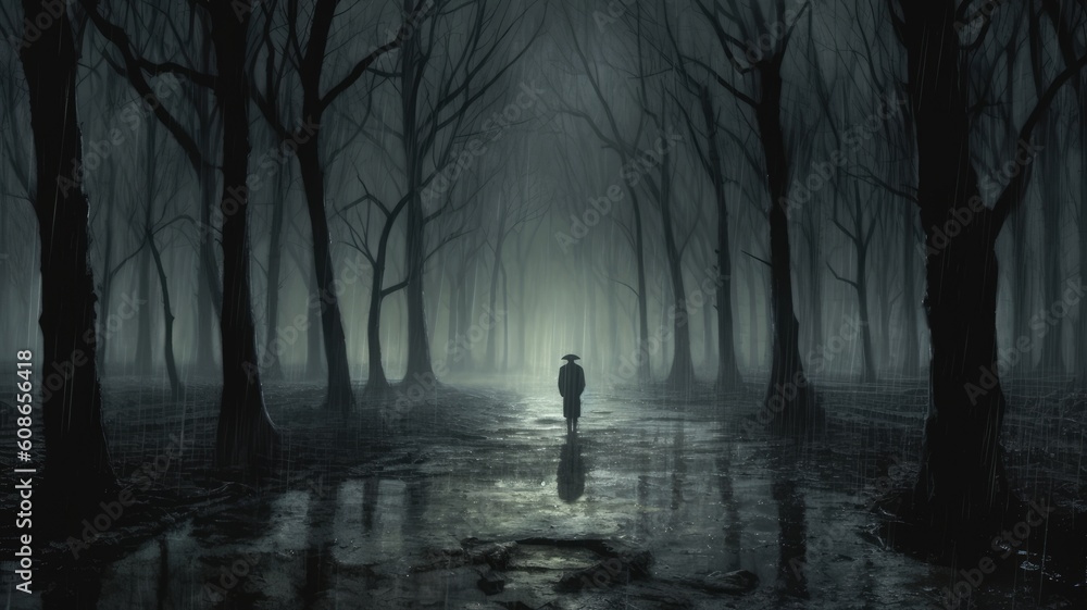 Eerie atmospheres: Illustrations create a sense of suspense and unease through dimly lit settings or mysterious landscapes, evoking the feeling of fear or the unknown. Generative AI Eerie atmospheres: Illustrations create a sense of suspense and unease through dimly lit settings or mysterious landscapes, evoking the feeling of fear or the unknown. Generative AI