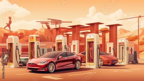 Electric Vehicles: An image illustrating electric vehicles, showcasing electric cars, charging stations, and the transition to sustainable transportation. Generative AI © SUPHANSA