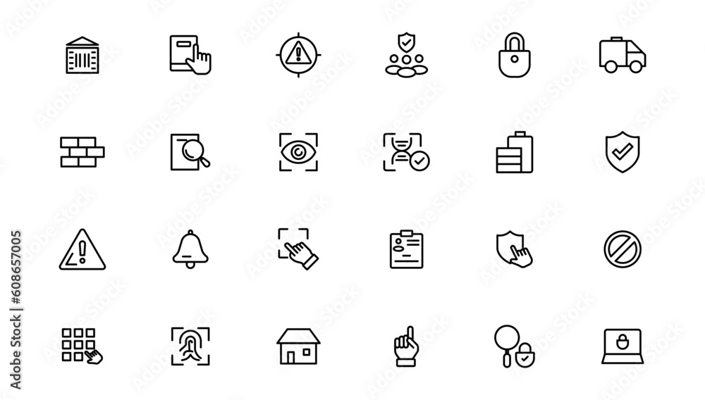 Security line icons set. Cyber lock, unlock, password. Guard, shield, home security system icons. Eye access, electronic check, firewall. Internet protection, laptop password.Outline icon. Security line icons set. Cyber lock, unlock, password. Guard, shield, home security system icons. Eye access, electronic check, firewall. Internet protection, laptop password.Outline icon.