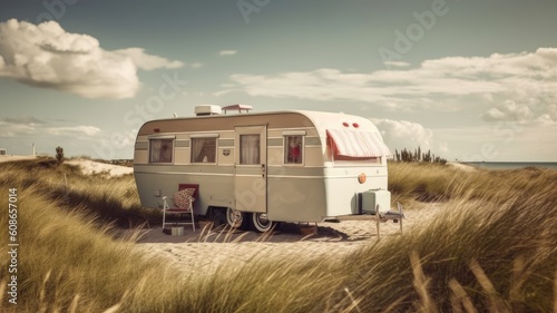 Mobile homes on wheels: Images showcase caravans or recreational vehicles (RVs) in picturesque camping locations, highlighting the idea of traveling with a home on wheels. Generative AI