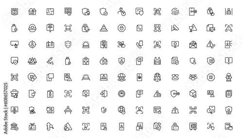 Security line icons set. Cyber lock, unlock, password. Guard, shield, home security system icons. Eye access, electronic check, firewall. Internet protection, laptop password.Outline icon.