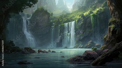 Natural tranquility. Illustrations depict waterfalls in serene settings, evoking a sense of peace and calmness. Generative AI