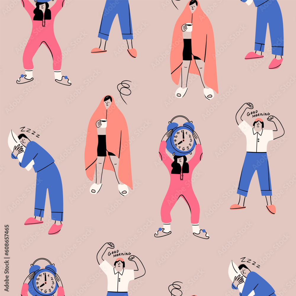 Set of people in pajamas with sleep mask, pillow, cup of coffee, blanket and big alarm clock. Cute cartoon characters. Hand drawn Vector illustration. Square seamless Pattern. Background, wallpaper